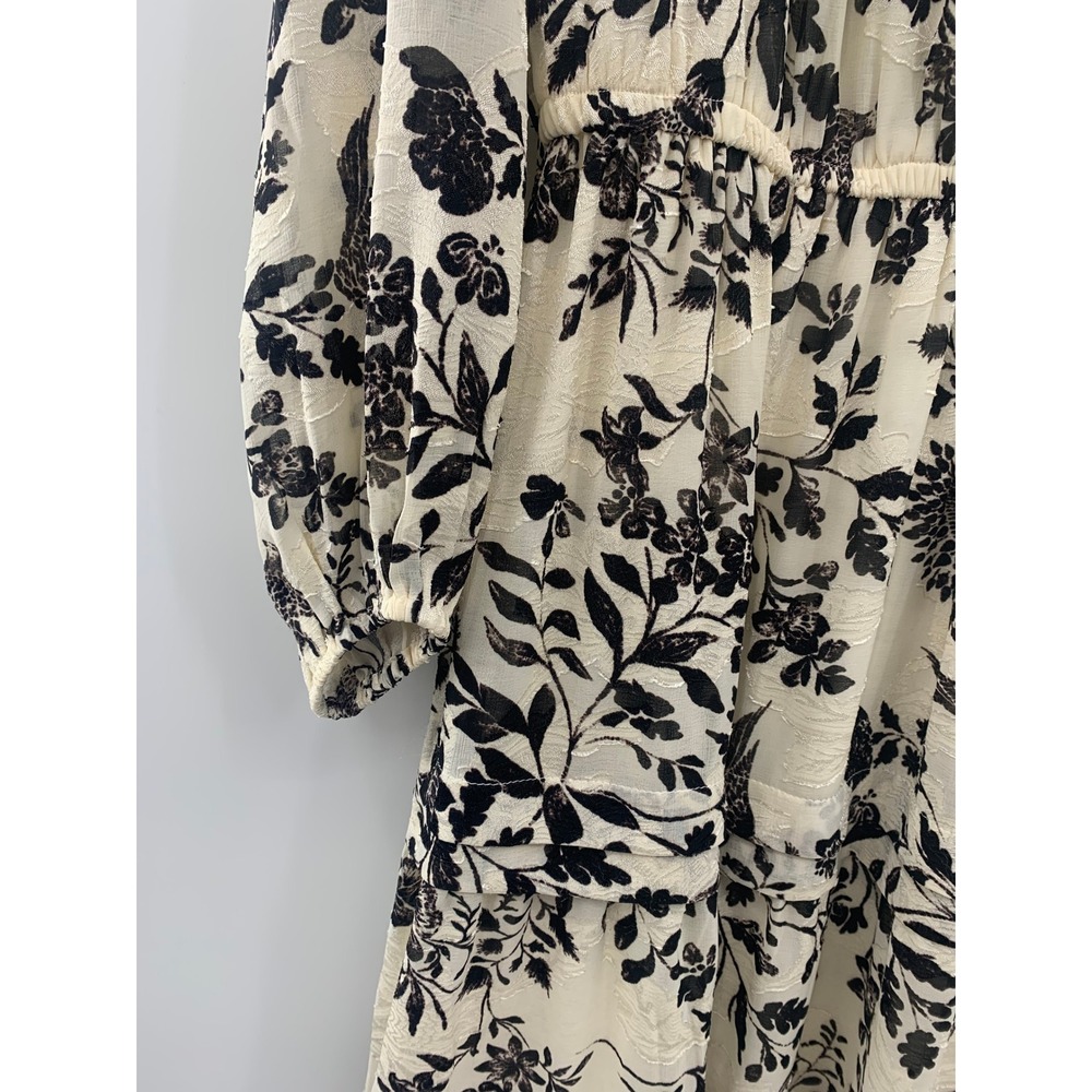 Anne Klein Dress 14 NWT Tiered Midi Maxi Cream Black Floral Bird Print Boho LS - Picture 4 of 16